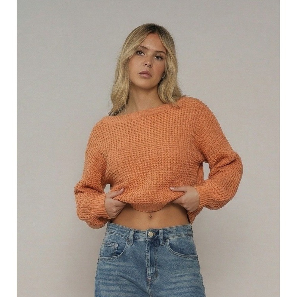 Missguided Petite Orange Waffle Knit Cropped Sweater Size US 0/0 Boat Neck Cozy